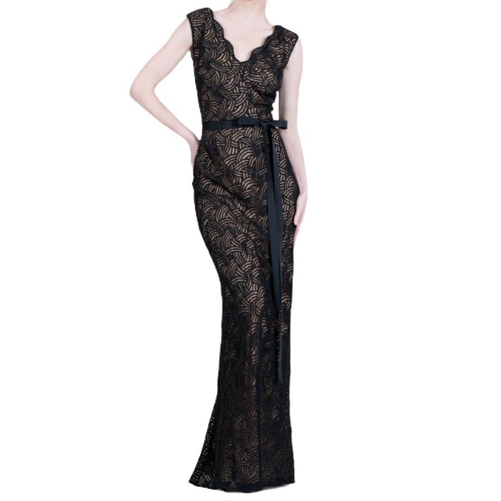 Black Evening Gown by Tadashi Shoji - Scallop Lace Maxi Tie Waist Gown size 10